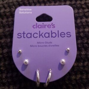 Claire's Stackable Earrings Silver/Pearl Stud and Semi Hoop